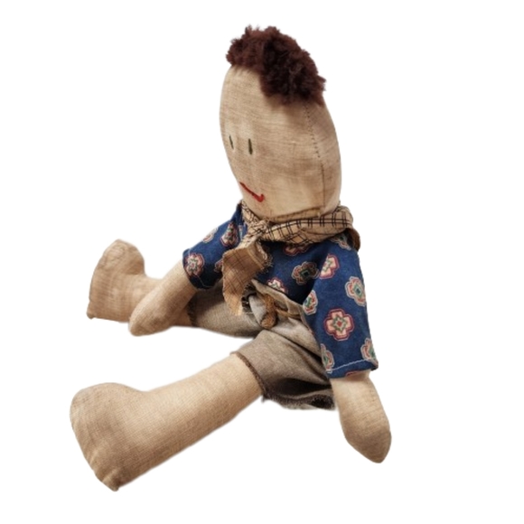 Antique Embroidered Handmade Handstitched Stuffed Handsewn Farmers Boy Doll - Picture 3 of 12